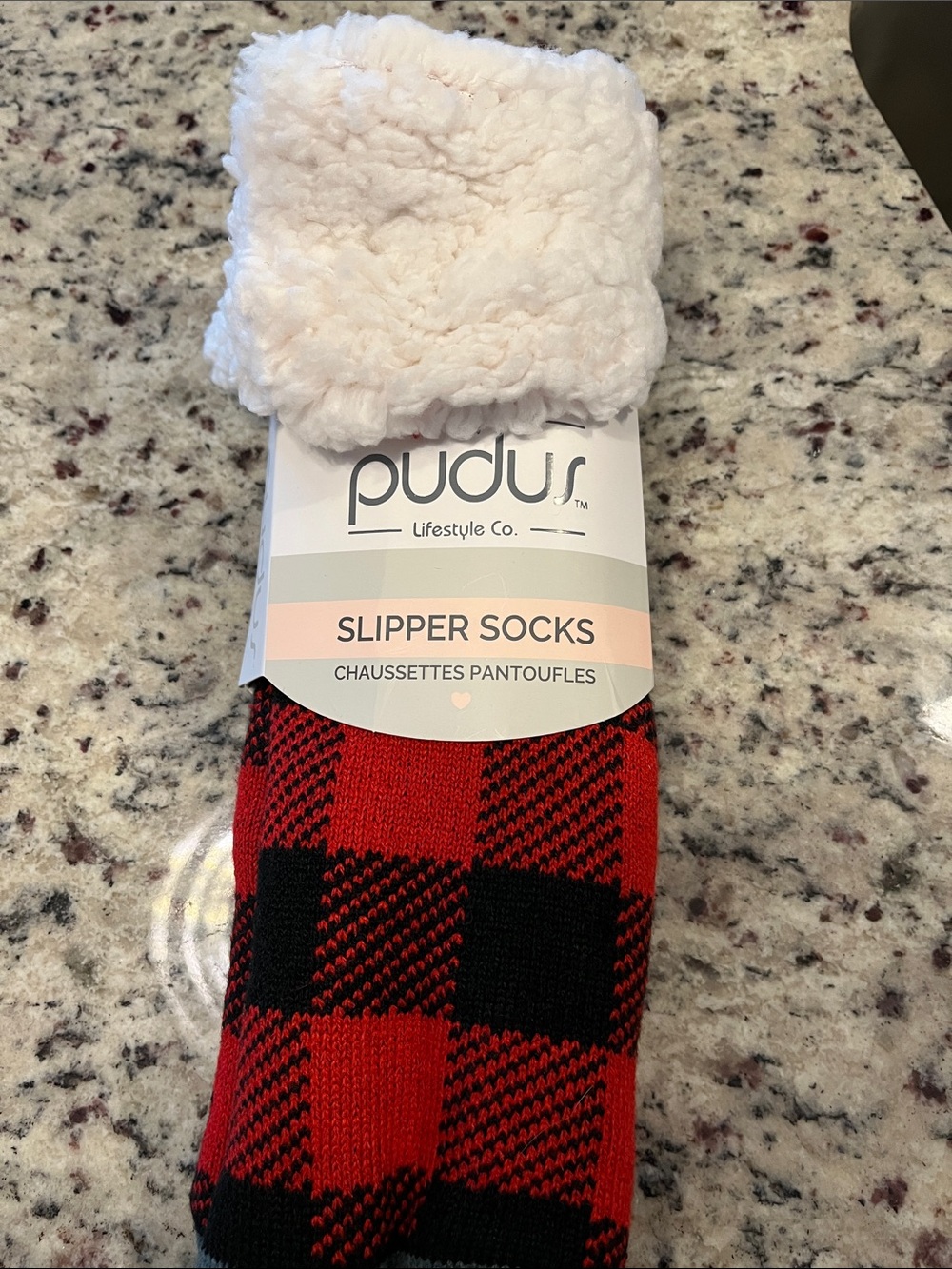 Pudus Red & Black Buffalo Check Slipper Socks with Plush Lining